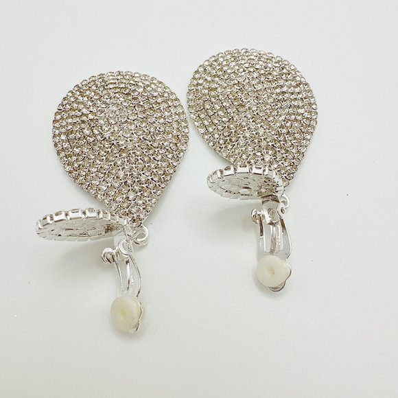 CLIP ON Large Silver Tone Tear Drop Rhinestone  Earrings - Picture 6 of 7